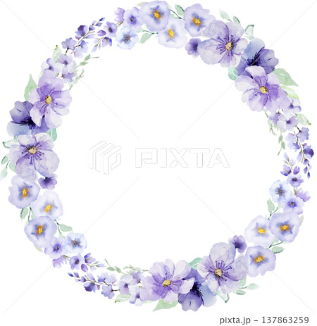 Watercolor wreath with light purple flowers, pastel floral illustration for wedding stationery Watercolor wreath with light purple flowers, pastel floral illustration for wedding stationery 137863259