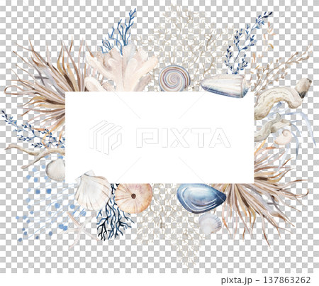 Frame with beige, blue and grey watercolor seashells, isolated illustration for coastal beach wedding 137863262