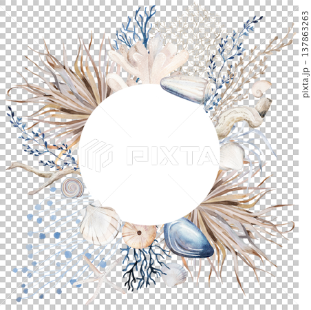 Watercolor round frame with seashells and dried palm leaves, boho wedding stationery illustration Watercolor round frame with seashells and dried palm leaves, boho wedding stationery illustration 137863263