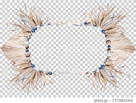 Watercolor oval frame with seashells and dried palm leaves, illustration for boho wedding stationery Watercolor oval frame with seashells and dried palm leaves, illustration for boho wedding stationery 137863264