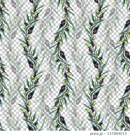 Watercolor olive branch wave seamless pattern. Green and dark olives, leaves, greenery. Repeat illustration isolated from background. Hand painted art for kitchen textile, oil, cosmetics packaging 137864013