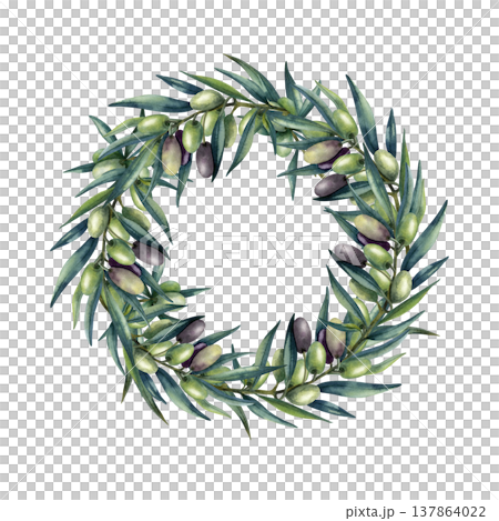 Watercolor olive wreath with copy space. Green olive fruits, lush greenery template. Elegant hand painted illustration isolated from background frame for packaging, branding, logo of oil, cosmetics Watercolor olive wreath with copy space. Green olive fruits, lush greenery template. Elegant hand painted illustration isolated from background frame for packaging, branding, logo of oil, cosmetics 137864022