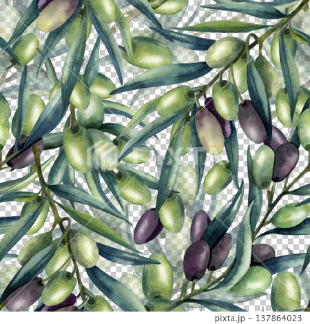 Watercolor green and dark olives seamless pattern. Lush leaves, greenery plant and branches. Healthy food, Mediterranean cuisine concept. Illustration isolated from background for your design 137864023