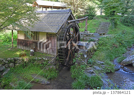 愛媛県内子町石畳清流園ののどかな風景 杉皮葺きの水車小屋と清流が紡ぐ山里の原風景 愛媛県内子町石畳清流園ののどかな風景 杉皮葺きの水車小屋と清流が紡ぐ山里の原風景 137864121
