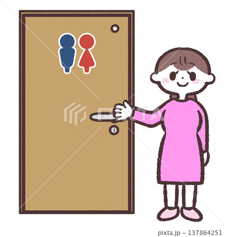 トイレの扉をさす女性のイラスト 137864251