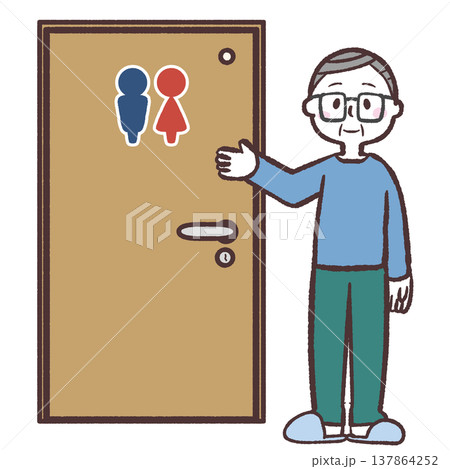 トイレの扉をさすシニア男性のイラスト 137864252