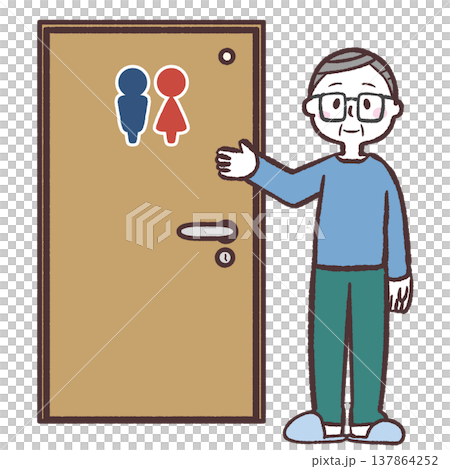 トイレの扉をさすシニア男性のイラスト 137864252