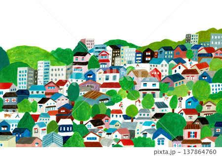 カラフルで温かみのある手描きの街並みと人々の暮らし（コピースペースあり） 137864760