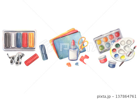 Hand-painted watercolor plasticine, glue, paper, scissors, paints, palette, art craft supplies, isolated on white. Perfect for advertising kids workshops, classes, studios, posters, DIY activities 137864761