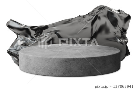 A podium designed for displaying products shows a round gray base with a smooth surface. It is set against a white background, allowing for various uses in visual projects 137865941
