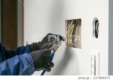 電気設備の配線工事　ニッパーで電線を加工する電気工事士の専門的な手仕事 137866073