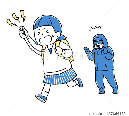 防犯ブザーを鳴らして逃げる小学生女子_2色 137866183