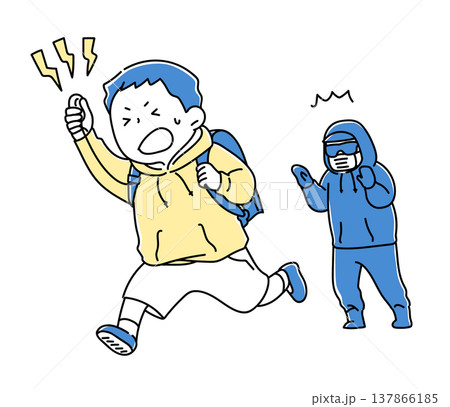 防犯ブザーを鳴らして逃げる小学生男子_2色 137866185