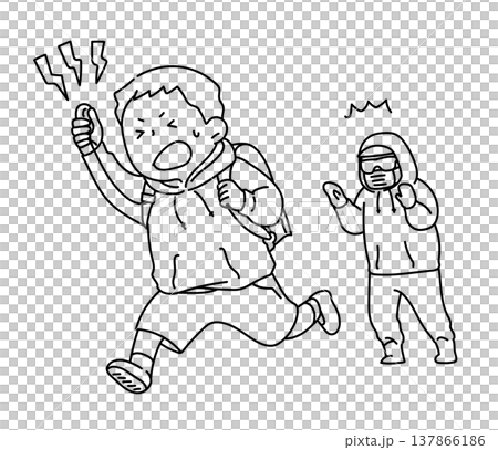 Elementary school boy running away after sounding his personal alarm (line drawing) Elementary school boy running away after sounding his personal alarm (line drawing) 137866186