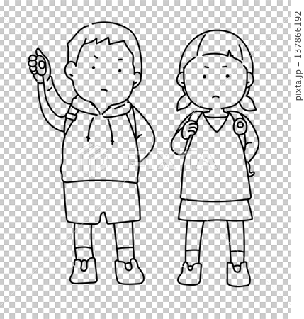 Elementary school boys and girls equipped with personal safety alarms (line drawing) Elementary school boys and girls equipped with personal safety alarms (line drawing) 137866192