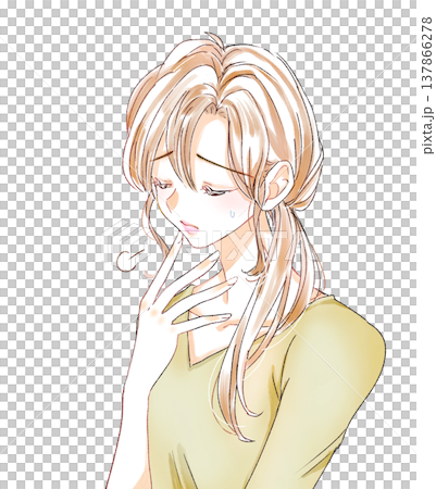 A woman sighs, sweating, and holds her hand to her mouth. A woman sighs, sweating, and holds her hand to her mouth. 137866278