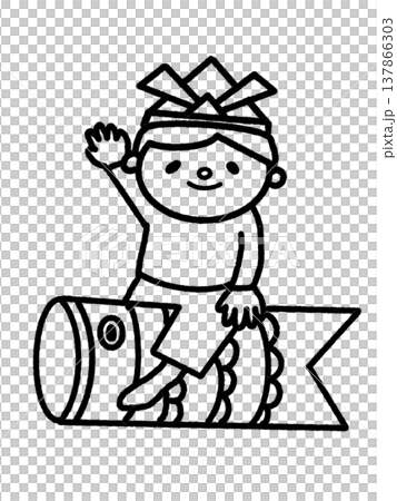 A boy wearing a samurai helmet waves his hand high while riding on a carp streamer. A boy wearing a samurai helmet waves his hand high while riding on a carp streamer. 137866303