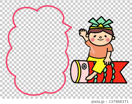 A speech bubble showing a boy wearing a helmet and riding on a carp streamer. 137866371