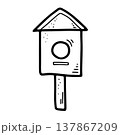 Doodle birdhouse on wooden pole. Nesting box 137867209