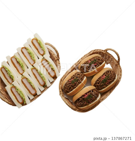 食品サンプル風に描いた、カゴに入ったカツサンドと焼きそばパン 食品サンプル風に描いた、カゴに入ったカツサンドと焼きそばパン 137867271