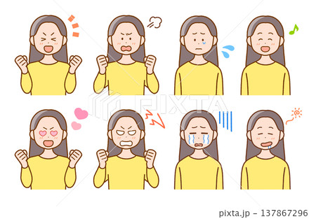 若い女性の喜怒哀楽イラスト8点セット｜表情・コミカル 137867296