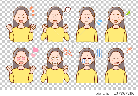 若い女性の喜怒哀楽イラスト8点セット｜表情・コミカル 137867296