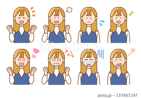 若い女性の表情イラスト8点セット｜喜怒哀楽・コミカル 137867297