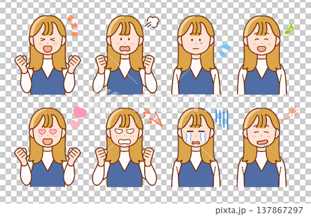 若い女性の表情イラスト8点セット｜喜怒哀楽・コミカル 137867297