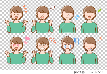 若い女性の喜怒哀楽イラストセット｜表情・コミカル 137867298