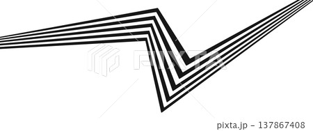 Curved geometric stripes with dimensional arrows create abstract motion. Wavy patterns suggest speed and direction with vintage-inspired chevron shapes on white background. Curved geometric stripes with dimensional arrows create abstract motion. Wavy patterns suggest speed and direction with vintage-inspired chevron shapes on white background. 137867408