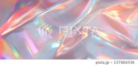 Holographic film overlays aluminum texture, reflecting dynamic light in a futuristic design. 137868336