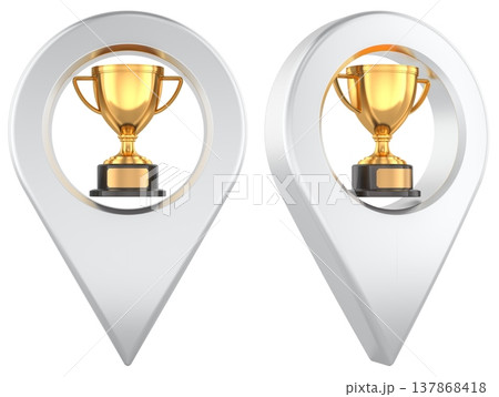 Map pin with gold trophy award inside, side and front views. 3d rendering Map pin with gold trophy award inside, side and front views. 3d rendering 137868418