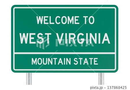 West Virginia, welcome green road sign. 3D rendering West Virginia, welcome green road sign. 3D rendering 137868425