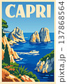 Capri Italy Vintage Travel Poster with Faraglioni Rocks Retro Vector 137868564