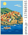 Cinque Terre Italy Vintage Travel Poster with Fishing Boat and Cliff Village 137868565