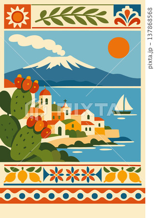 Sicily Travel Poster with Mount Etna Volcano and Mediterranean Village 137868568