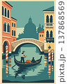 Vintage Venice Italy Travel Poster with Gondola and Venetian Architecture 137868569