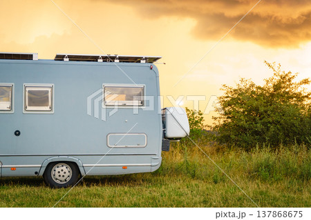 Sunset sky over caravan camping on nature. 137868675