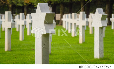 Gravestones stand in a cemetery with a star of David among crosses in the grassy field Gravestones stand in a cemetery with a star of David among crosses in the grassy field 137868697