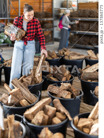 Girl chooses and buys a bundle of firewood at hardware store. Girl chooses and buys a bundle of firewood at hardware store. 137868775