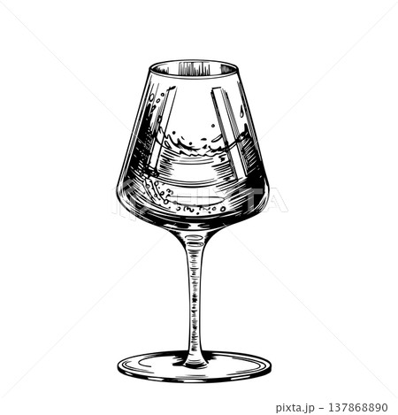 A black and white wine glass with a drink, splashes, and bubbles, hand-drawn vector illustration in a retro style. Line art in an ink style. Design element for wine labels, event decorations, and 137868890