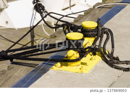 Yellow bollard with ropes 137869003