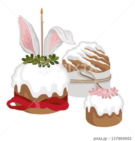 Hand-drawn Easter cakes composition with bow and candle, Easter greeting card design or poster or product design Hand-drawn Easter cakes composition with bow and candle, Easter greeting card design or poster or product design 137869082