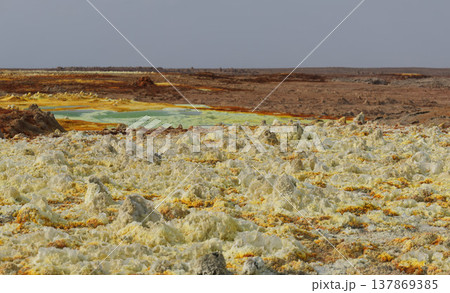 エチオピア・ダロールの酸性地熱池と硫黄・塩の地形 エチオピア・ダロールの酸性地熱池と硫黄・塩の地形 137869385