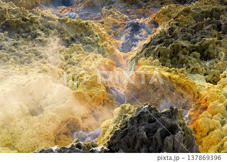 エチオピア・ダロールの蒸気が立ち上る硫黄地形 エチオピア・ダロールの蒸気が立ち上る硫黄地形 137869396