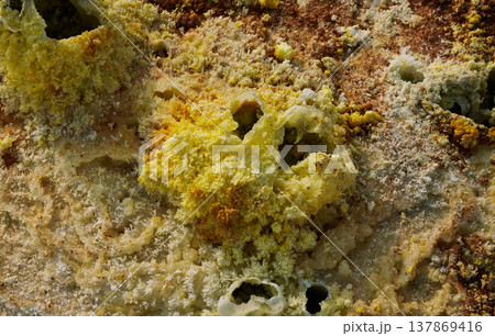 エチオピア・ダロールの硫黄結晶と鉱物テクスチャのクローズアップ 137869416