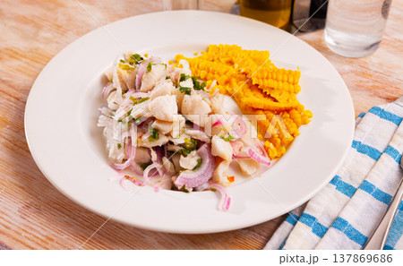 Ceviche pickled trout in lime juice with corn 137869686