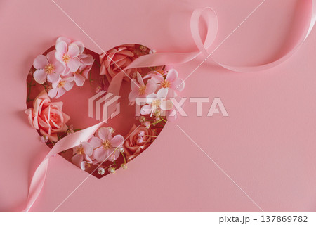 Pink Heart with Flowers and Ribbon. Romantic Valentines or Mothers Day Flatlay 137869782