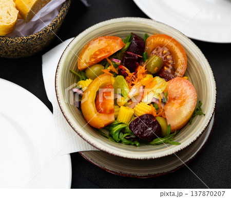 Fresh vegetable salad with beetroot, Uruguayan cuisine Fresh vegetable salad with beetroot, Uruguayan cuisine 137870207