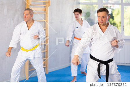 Adult man training karate technique in studio 137870282